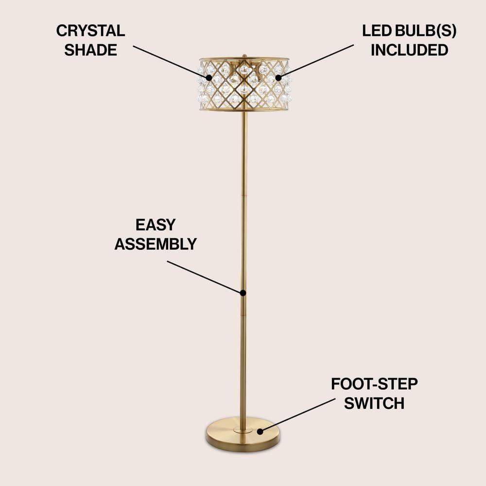 JONATHAN Y JYL9000A Elizabeth 60" Crystal/Metal LED Floor Lamp, Contemporary, Transitional for living room, dinning room, bedroom, office Bulb Included, Brass Gold/Clear