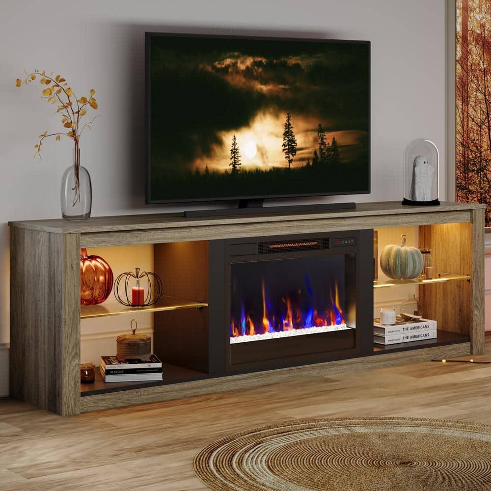 Bestier Electric Fireplace TV Stand Modern Entertainment Center for TVs up to 75" with LED Light and Storage Shelves in Wash Gray