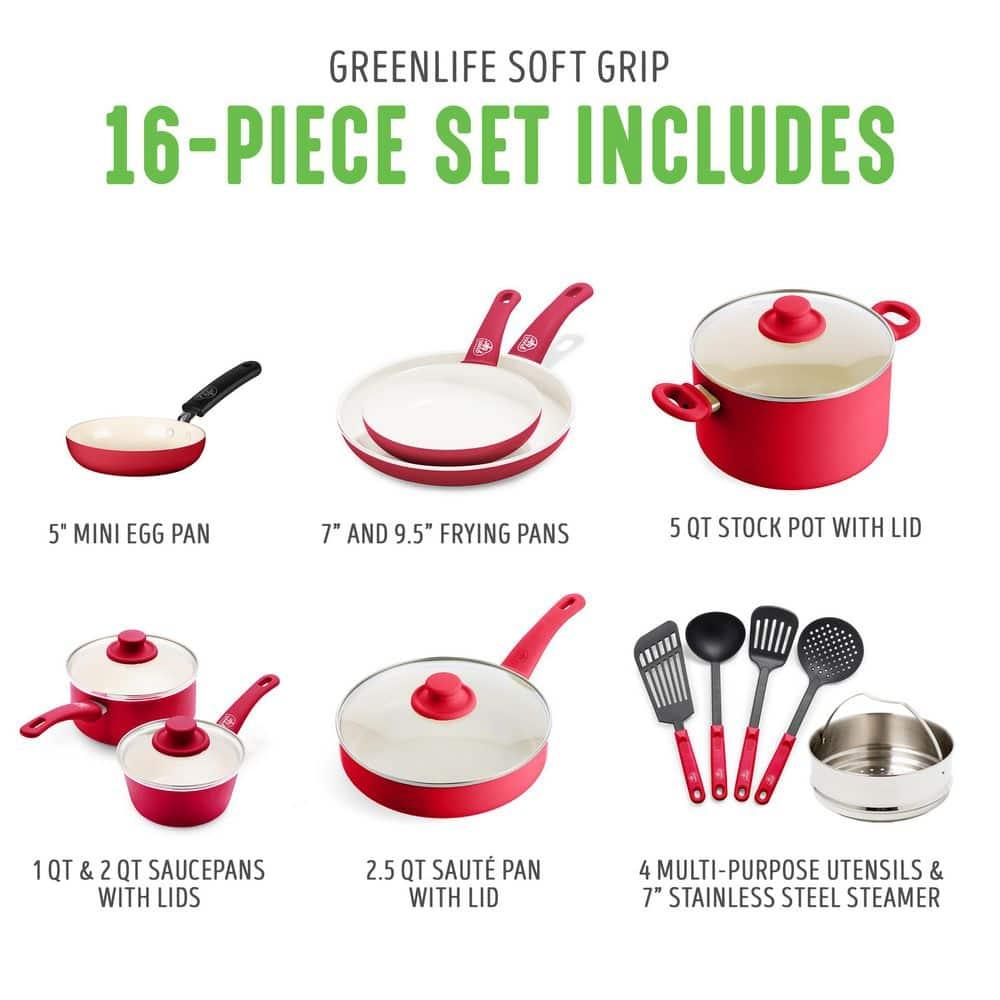 GreenLife 16 Piece Nonstick Cookware Set, Soft Grip Non-Toxic PFAS-Free Ceramic Pots & Pans, Dishwasher & Oven Safe, Frying, Sauce, Saute, Utensils, Glass Lids, Stay-Cool Handles, Wobble Free, Red