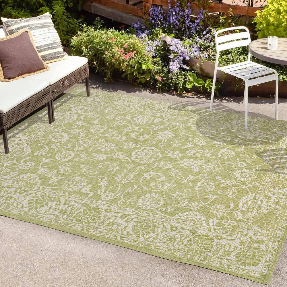 4' x 6' Tela Bohemian Styled Textured Weave Floral Indoor/Outdoor Area Rug, Green/Cream - JONATHAN Y