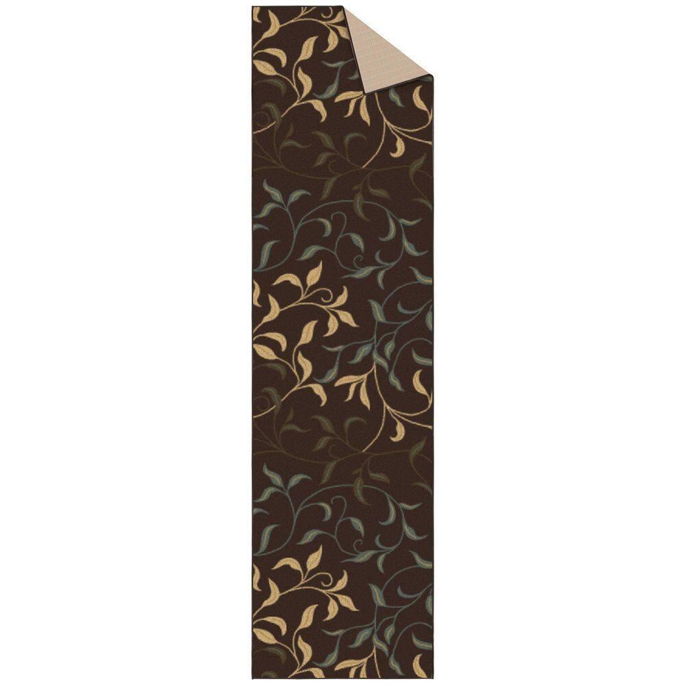 Ottohome Non-Slip Leaves Area Rug For Living Room, Hallway Runner, Entryway Rug, Brown