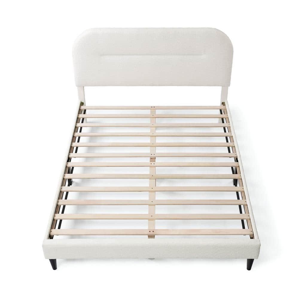 24/7 Shop At Home Queen Heartwild Modern Boucle Upholstered Rounded Platform Bed White: Padded Headboard, No Box Spring Required