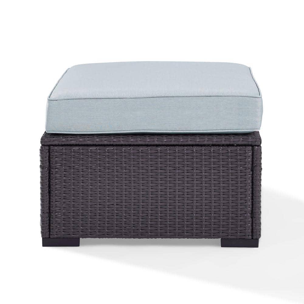 Biscayne Ottoman with Mist Cushions - Brown/Mist - Crosley: Wicker Patio Footrest, UV-Resistant, Polyurethane Foam Fill
