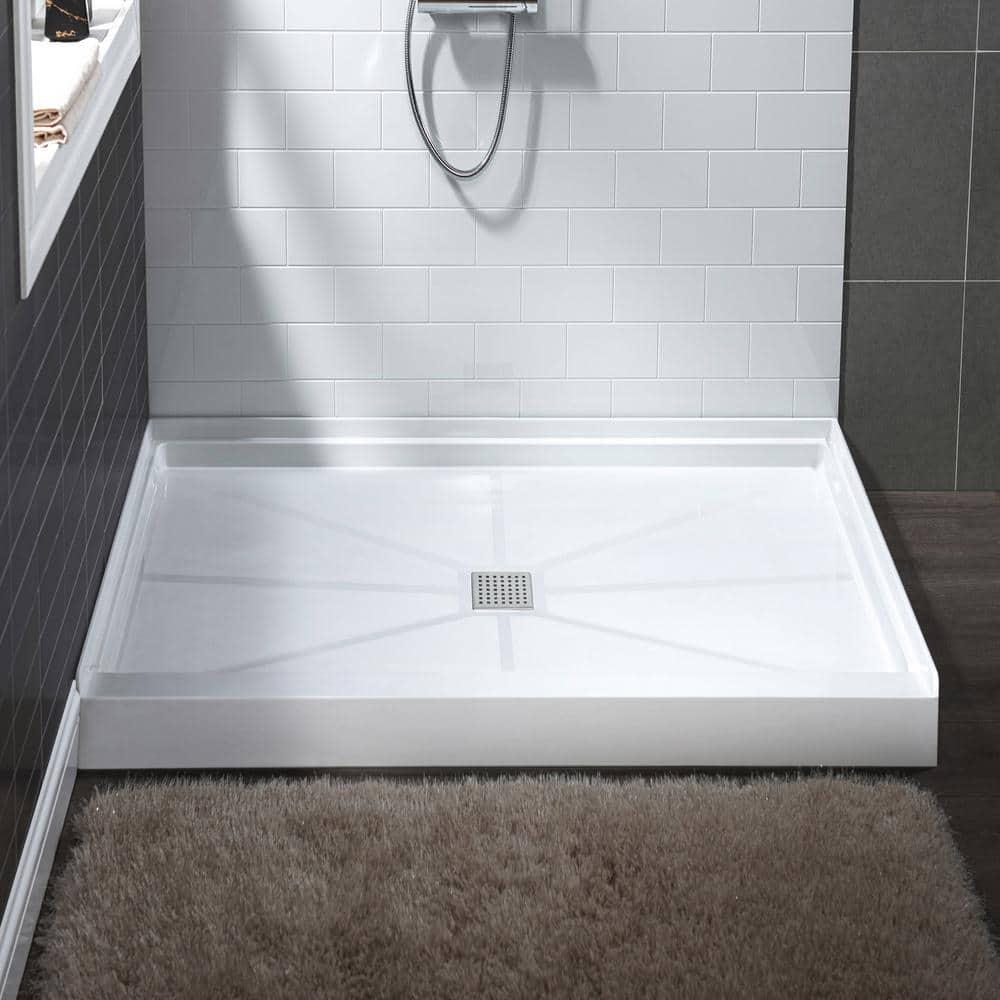 36" Solid Surface Square Single Threshold Shower Pan Base with Drain Assembly & Drain Cover Included, Non-Slip