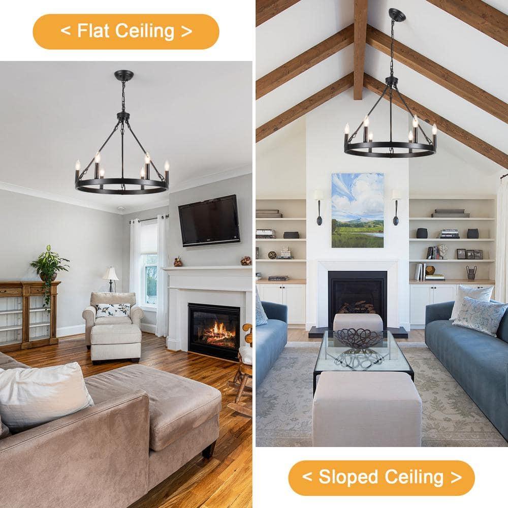 22.04 in. 6-Light Black Rustic Farmhouse Chandelier, Wagon Wheel Chandelier for Dining Room Living Room Bedroom Kitchen Black