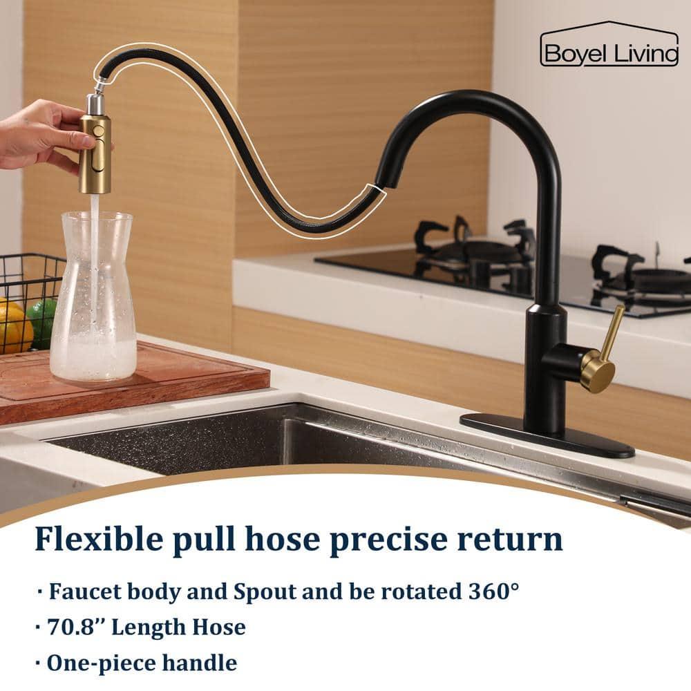 Matte Black and Brushed Gold Stainless Steel Pull Down Kitchen Faucet