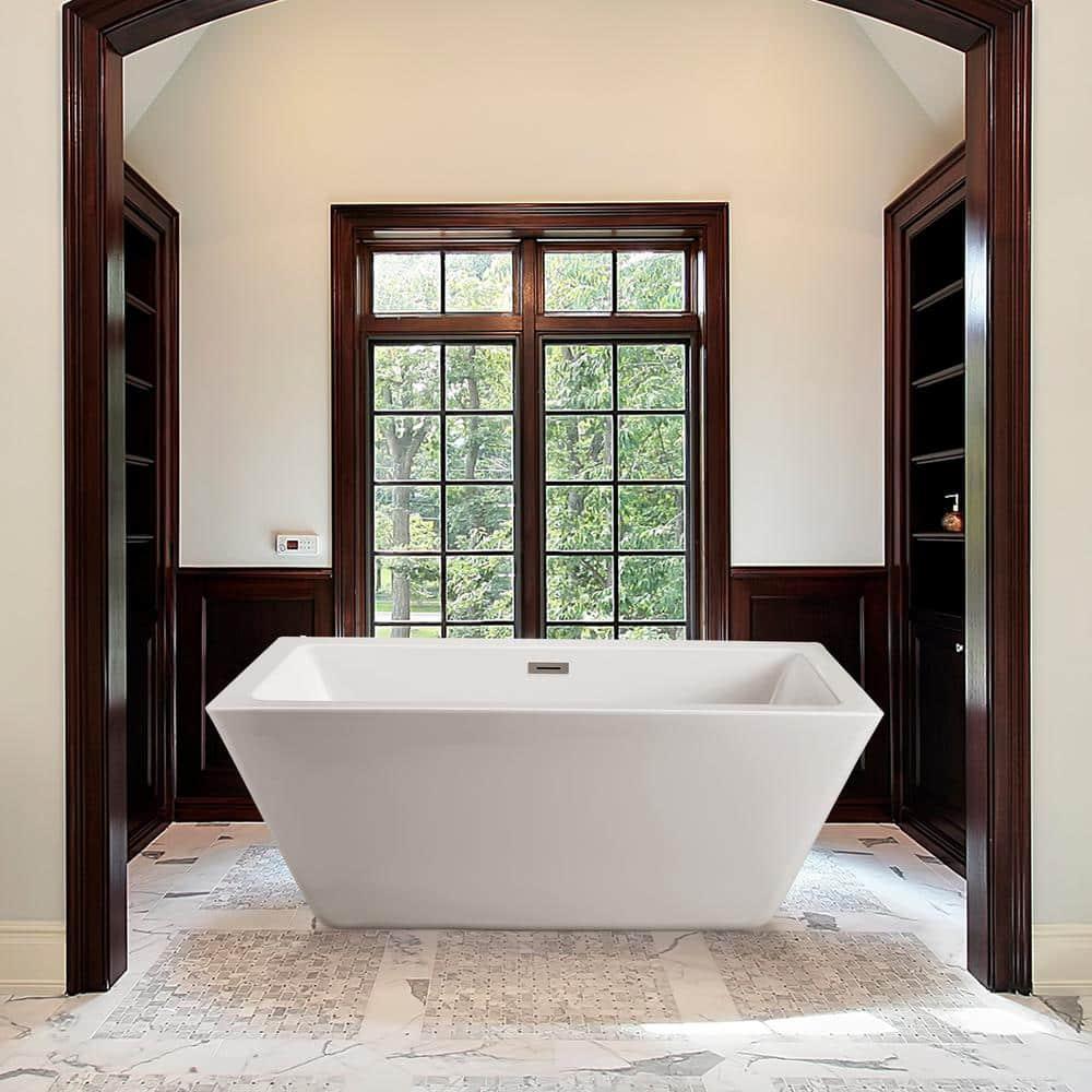 59" Streamline Freestanding Soaking Acrylic Bathtub With Drain and Bamboo Tray