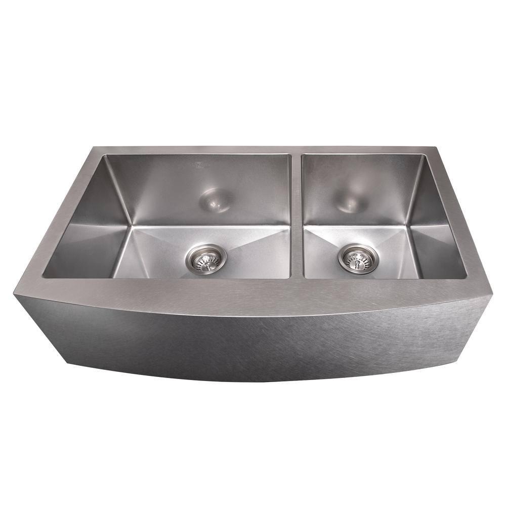 ZLINE 36 in. Courchevel Farmhouse Apron Mount Double Bowl DuraSnow Stainless Steel Kitchen Sink W/ Bottom Grid (SA60D-36S)