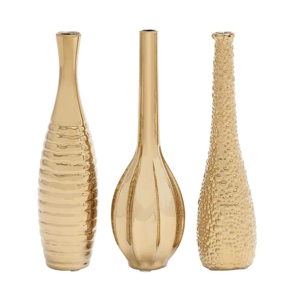Olivia & May Decorative Ceramic Vases Gold 12" 3pk: Stoneware Novelty Containers, Spot Clean, Set of Three