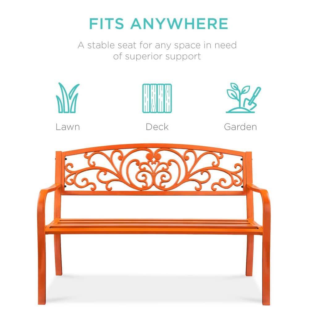 World Menagerie Outdoor Steel Bench with Floral Backrest & Slatted Seat, Marigold for Garden, Patio, Porch, Lawn, and Deck