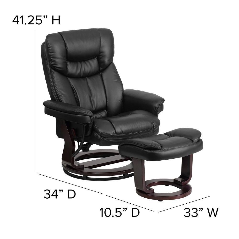 Flash Furniture Contemporary Multi-Position Recliner and Curved Ottoman with Swivel Mahogany Wood Base in Black LeatherSoft