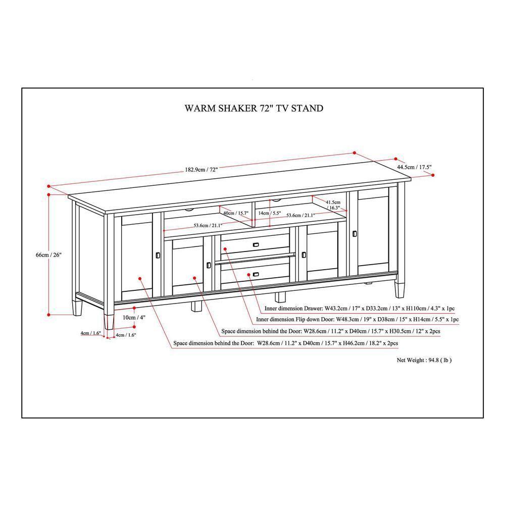 Simpli Home Warm Shaker 72"W Solid Wood TV Stand for TVs up to 80" with 4 Storage Cabinets and 2 Drawers