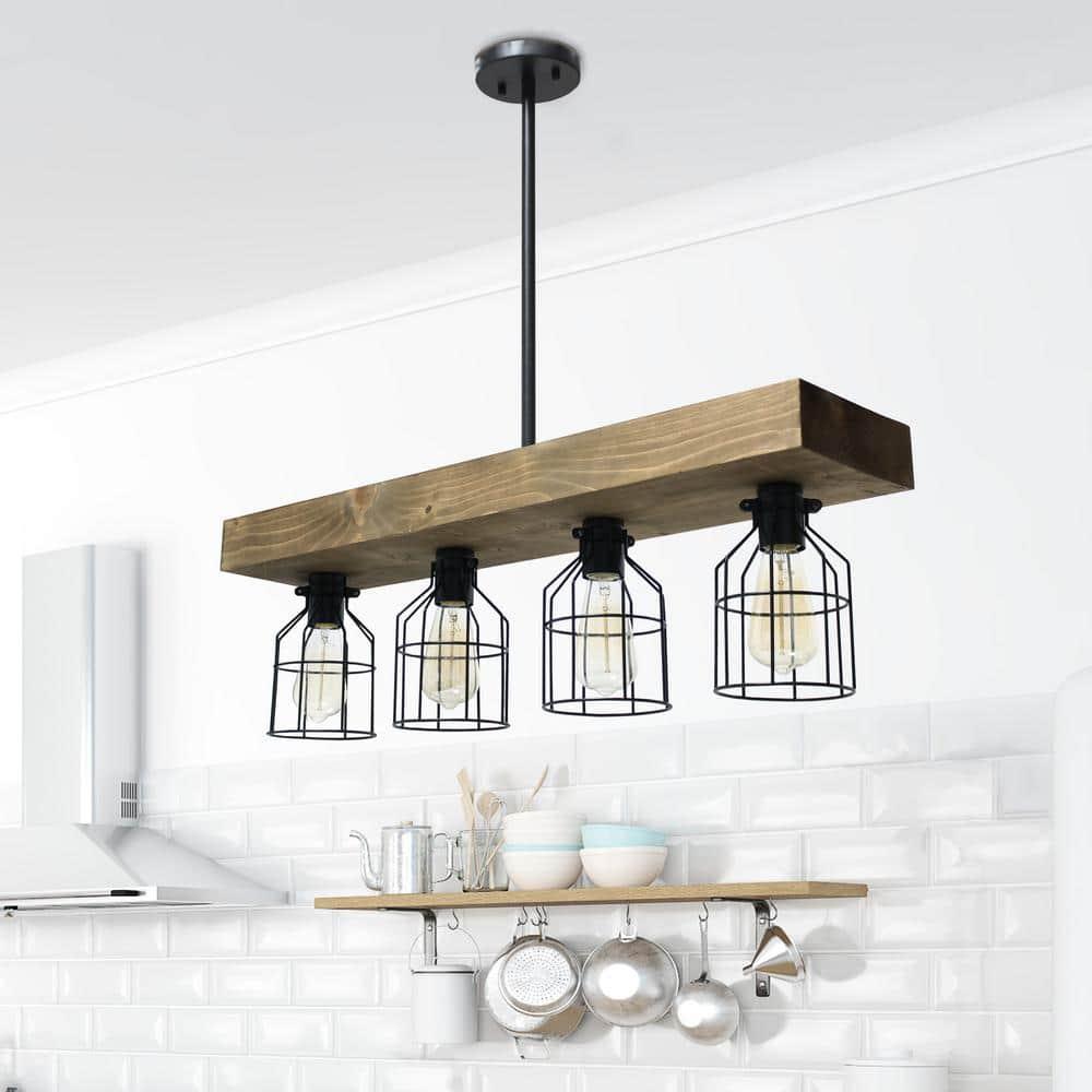 Elegant Designs 47.5" Farmhouse Rustic Cage Ceiling Pendant, Restored Wood, Black/Brown