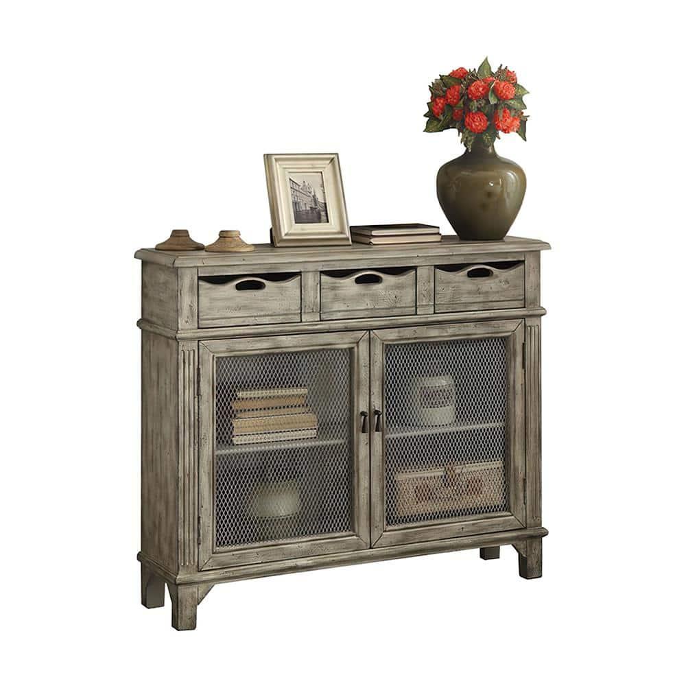 42" Vernon Accent Table Weathered Gray - Acme Furniture: Antique Finish, Mesh Cabinet Doors, Storage Shelves