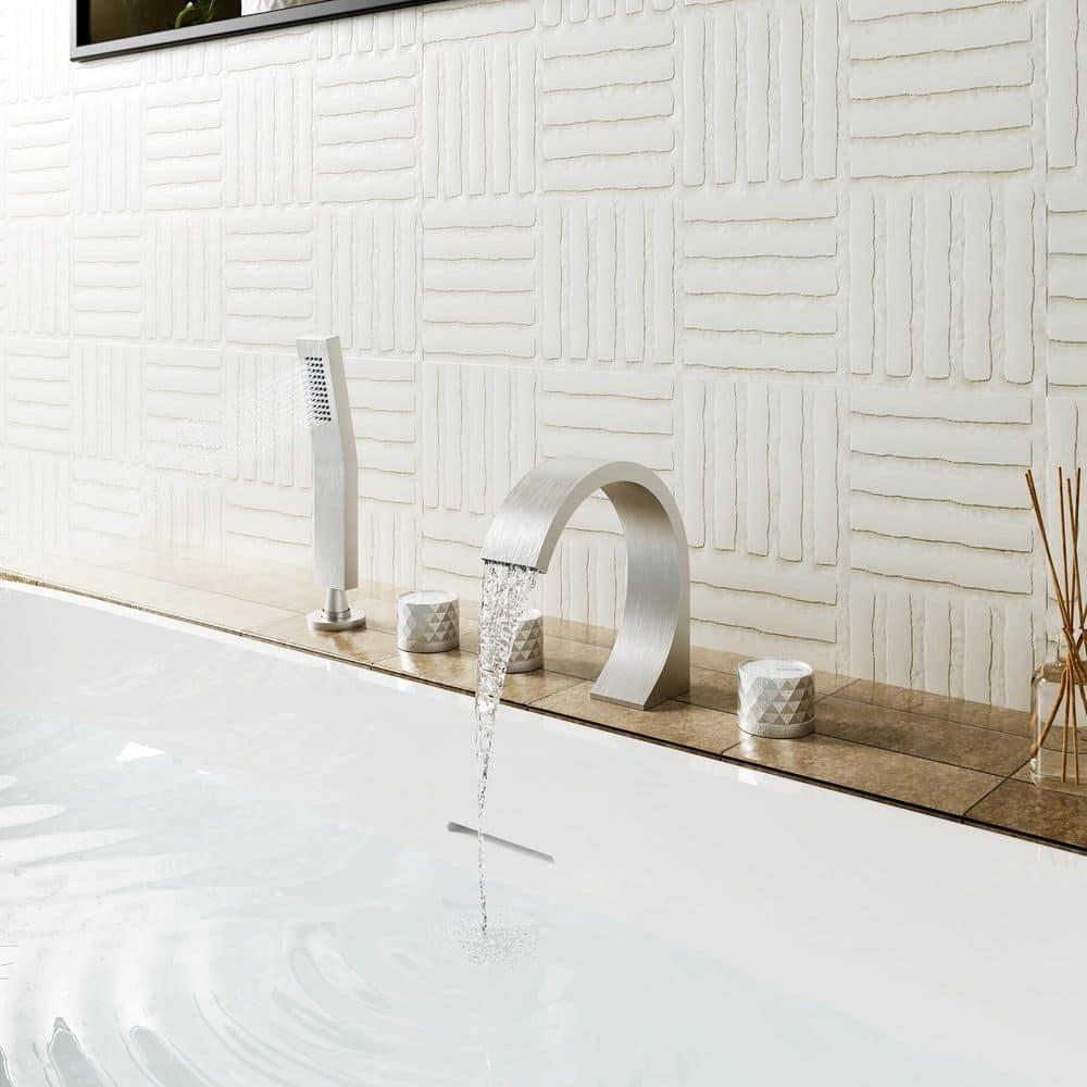 3 Handles Deck Mounted Bathroom Tub Faucet Trim with Handshower