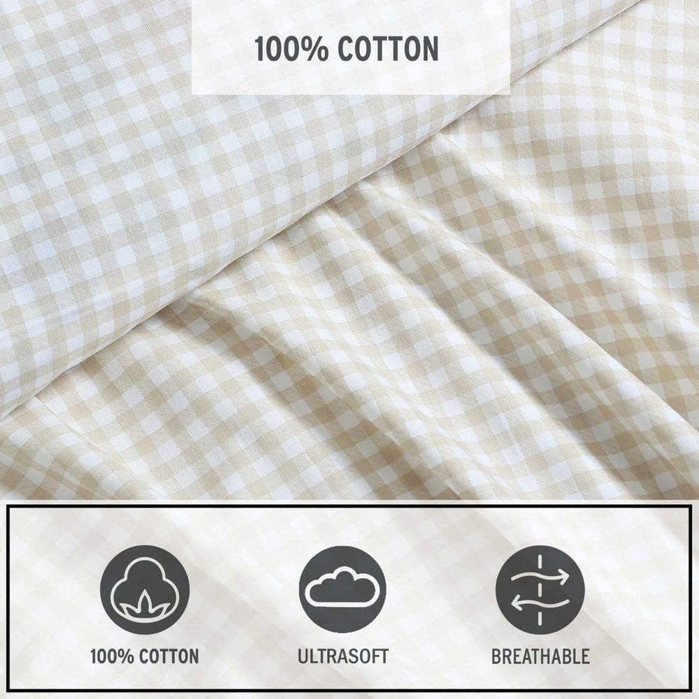 Eddie Bauer - Sheet Set, Cotton Percale Bedding with Matching Pillowcase, Crisp & Breathable, 200-Thread Count, Classic Comfort Essentials (Little Gingham Beige, Twin)