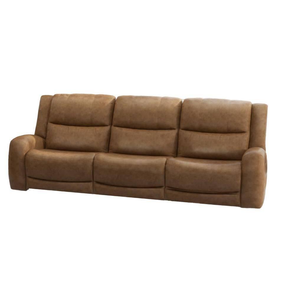 Benjara Leos Sofa, Manual Reclining, Contour Armrest, 88 Inch, Wood, Brown Leather