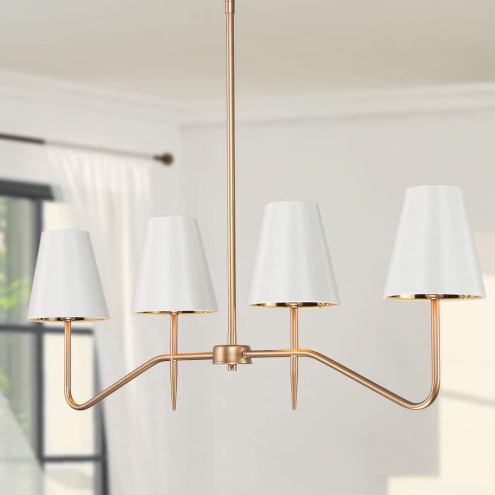 Brightever 4-Light Gold Linear Chandelier, Kicthen Island Light Fixture for Dining Room Over Table, Modern Pendant Lighting with White Fabric Shades for Pool Table, E12 Base (Bulb not Included)