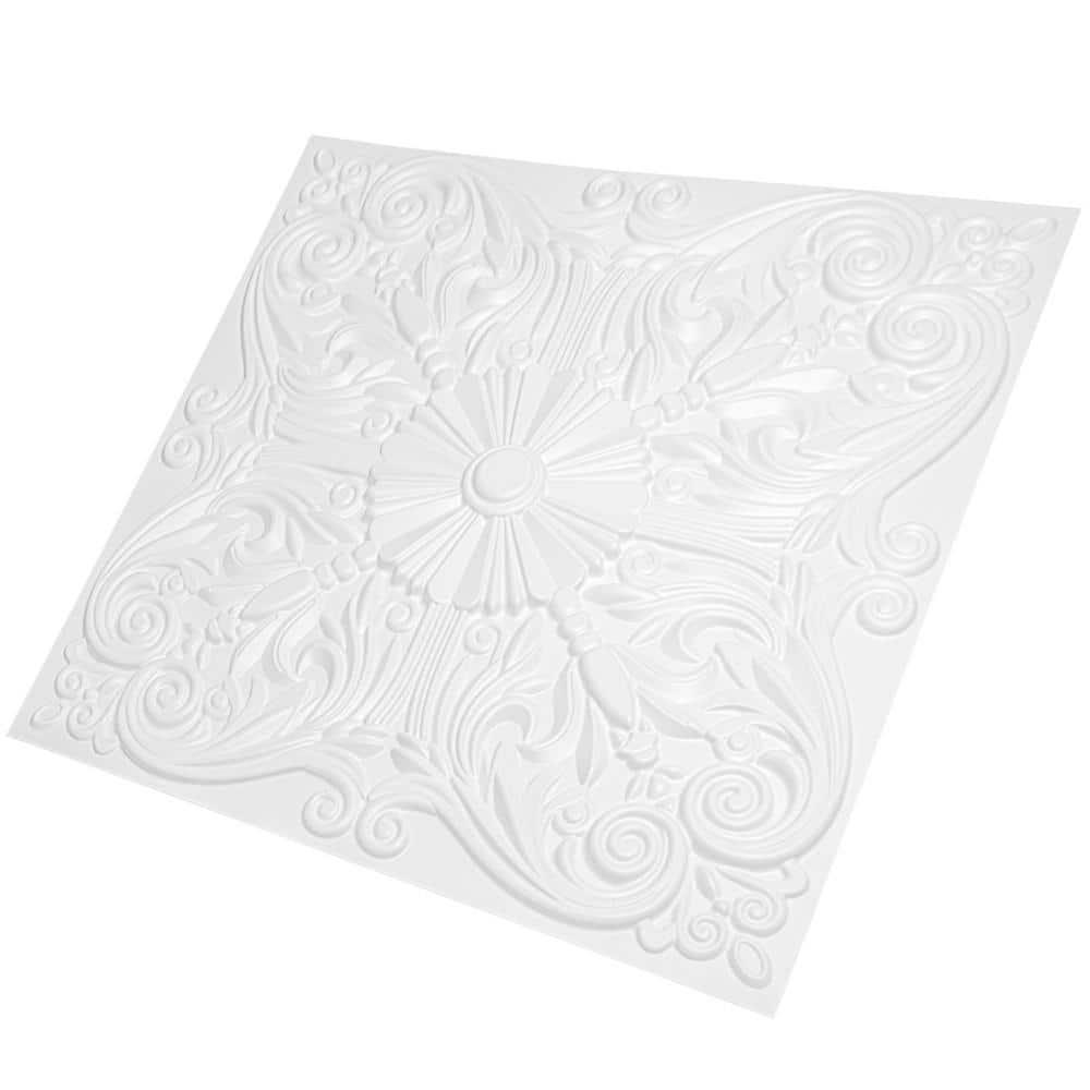 Art3d Art3d Decorative Ceiling Tile 2x2 Glue up, Lay in Ceiling Tile 24x24 Pack of 12pcs Spanish Floral in Matt White