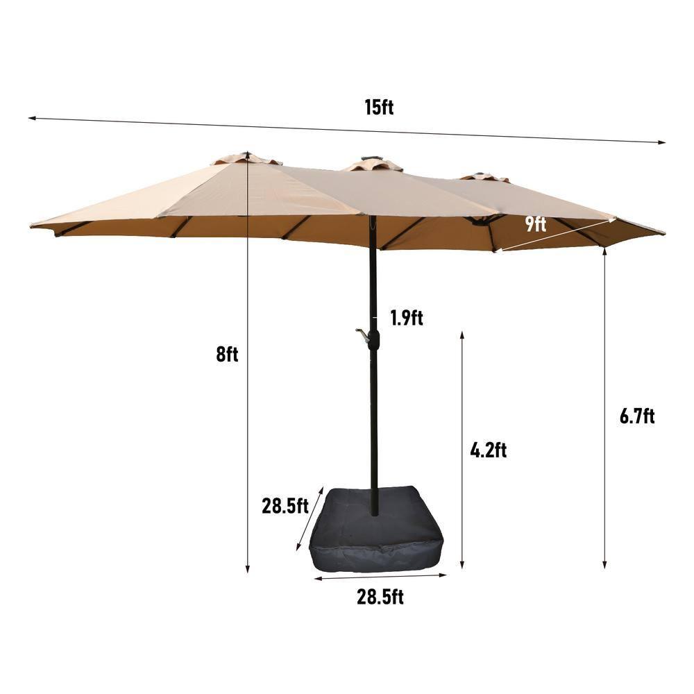 15 ft. Taupe Steel Double-Sided Market Patio Umbrella with Lights