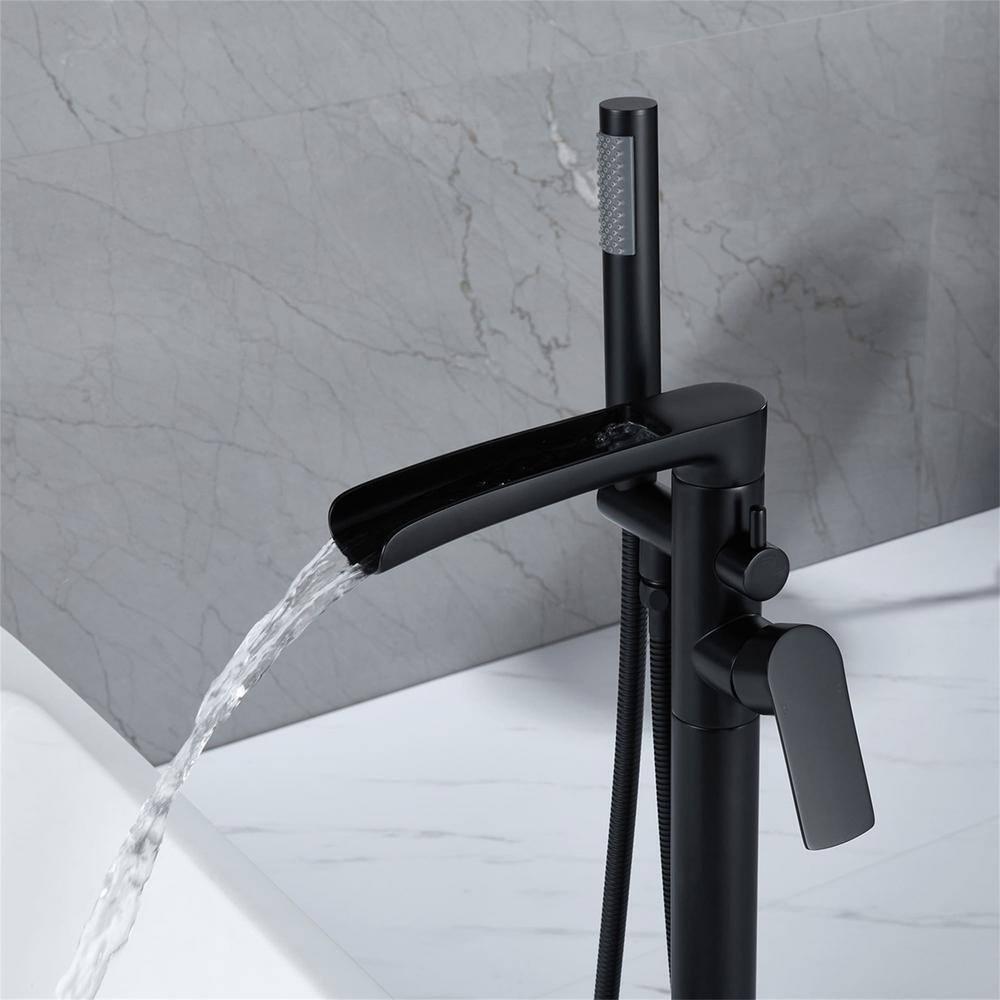 Free Standing Tub Faucet Brass Oil Rubbed Bronze Waterfall Freestanding Bathtub Faucet Floor Mount Tub Filler with Handheld Sprayer