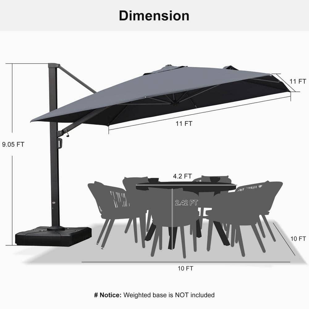 PURPLE LEAF 11 FT Outdoor Cantilever Umbrellas Square Aluminum Offset Hanging Umbrellas with 360°Rotation Tilt Adjutable Garden Pool Large Patio Umbrella,Gray