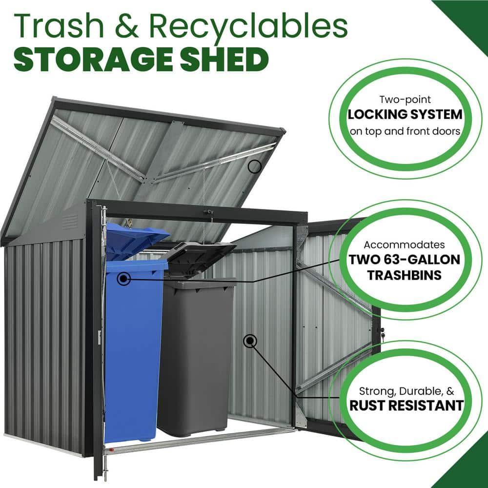 Hanover Trash and Recyclables Storage Shed | Pent Roof | Galvanized Steel | 2-Point Locking System | Stores 2 Trash Cans | 3.3-Ft. x 5.2-Ft. x 4.4-Ft. | Dark Gray | HANBINSHD-GRY