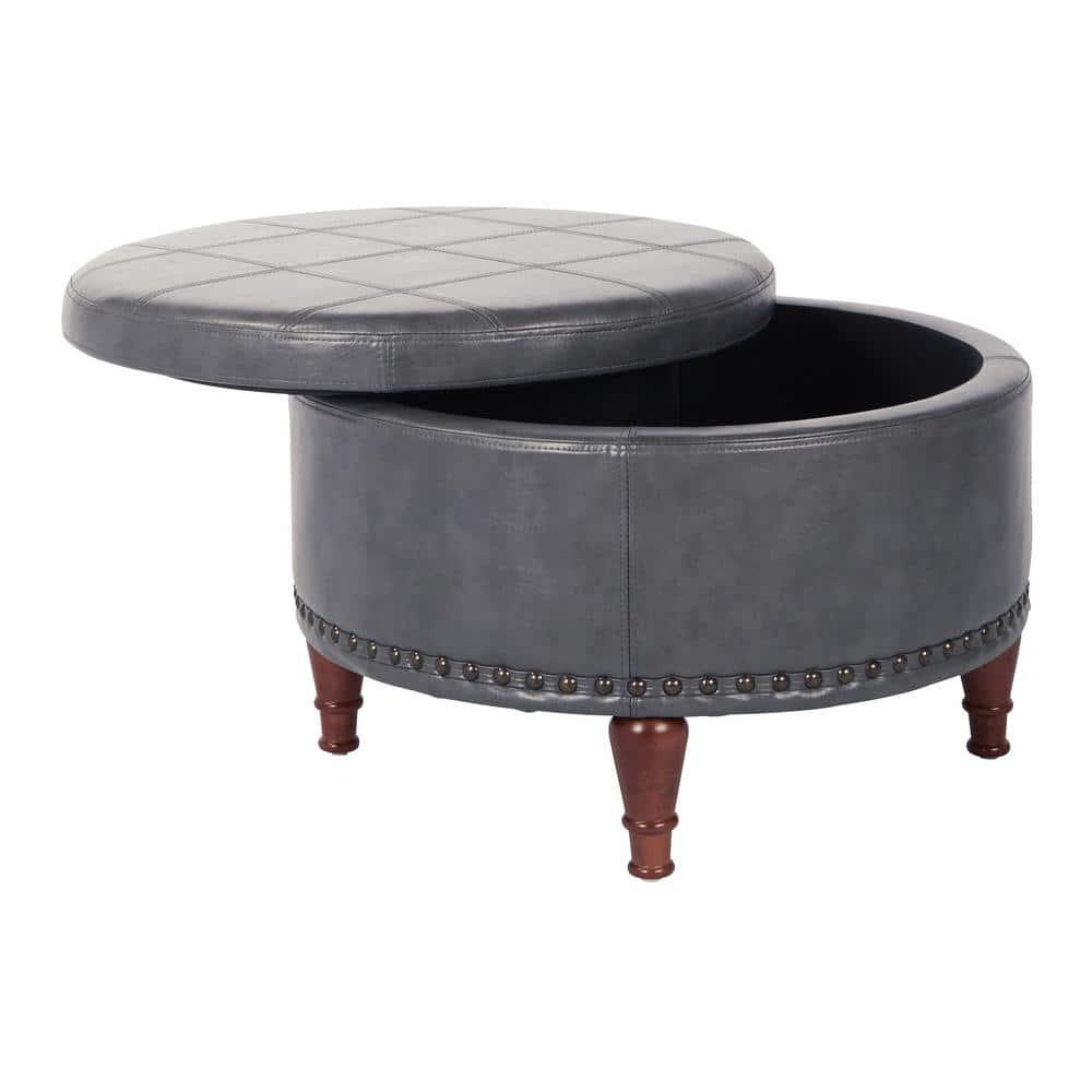 Alloway Storage Ottoman Pewter - OSP Home Furnishings: Faux Leather, Nailhead Trim, Wood Legs, Flip Tray Top