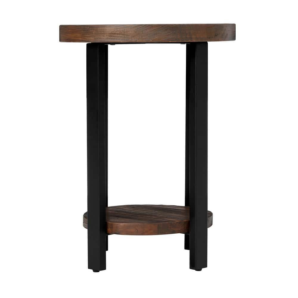 17 Stories Alaterre Pomona Round End Table With Solid Wood Top, Metal Legs, And Dual Shelves For Rustic Living Room Furniture
