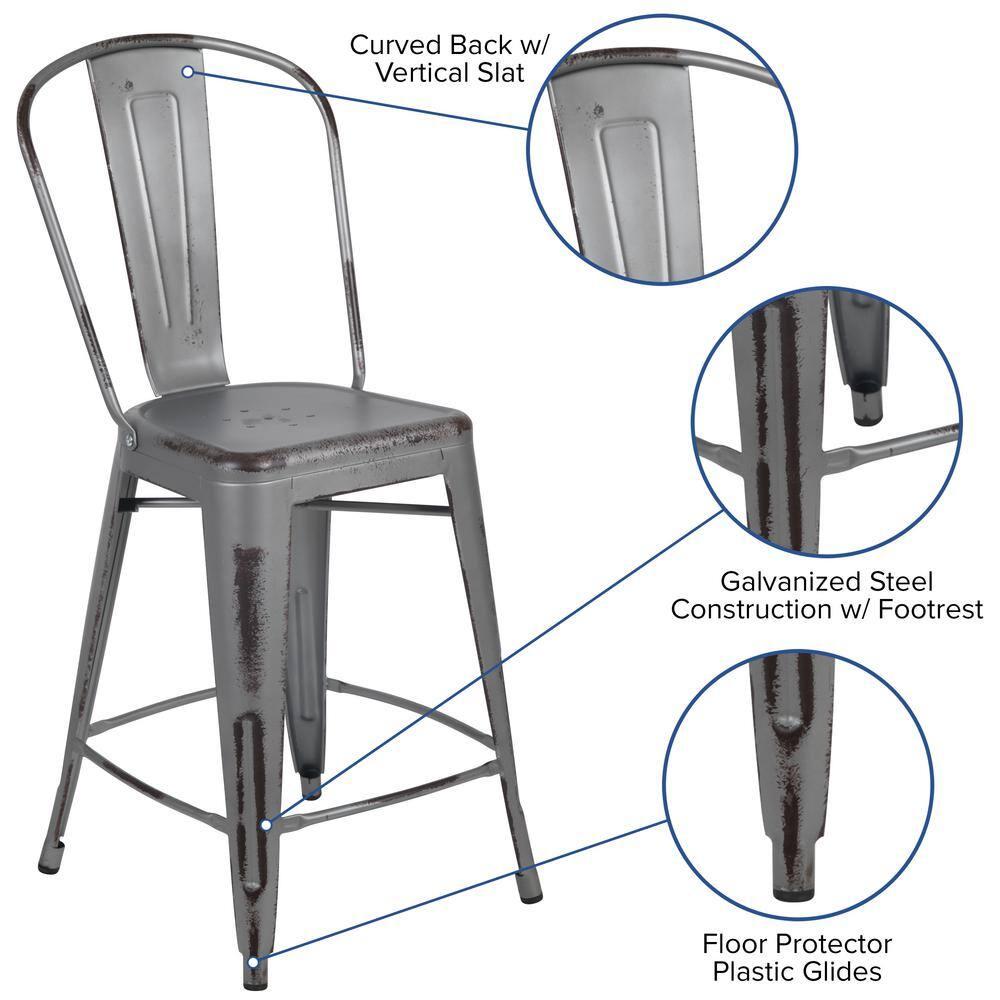 Flash Furniture Commercial Grade 24" High Distressed Silver Gray Metal Indoor-Outdoor Counter Height Stool with Back