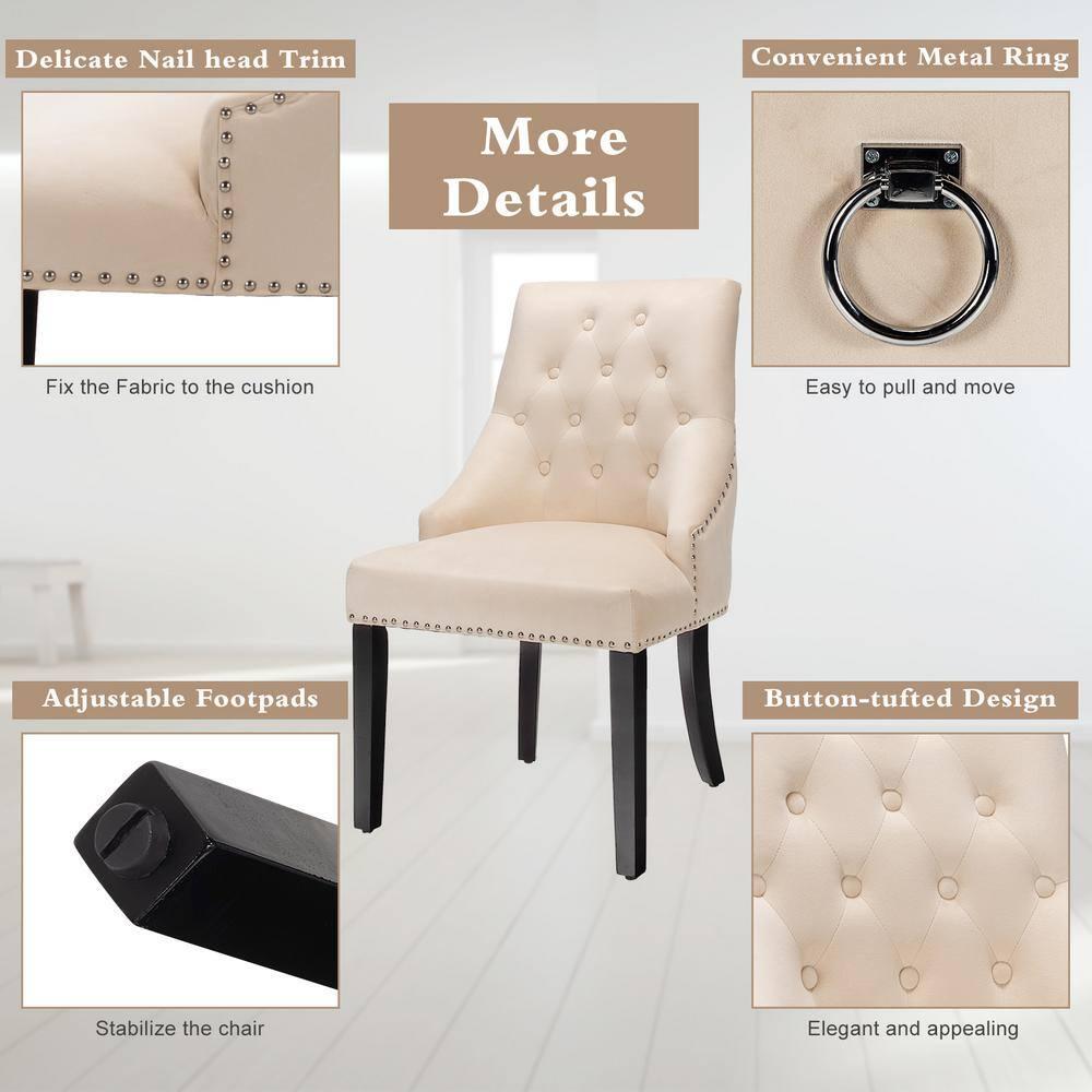 Velvet Dining Chair Upholstered Tufted Armless w/ Nailed Trim & Ring Pull Beige