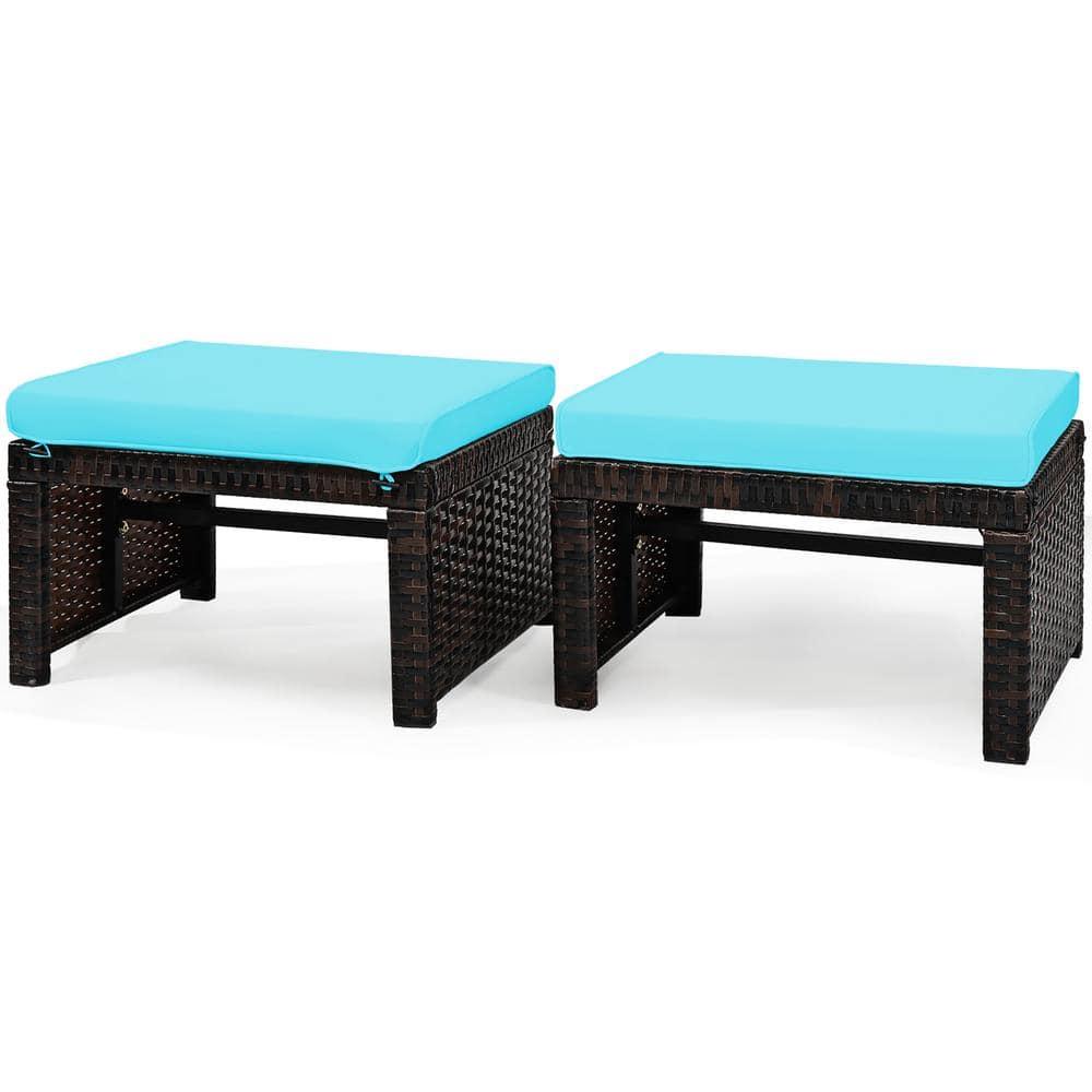 Tangkula 2 PCS Outdoor Wicker Ottoman Patio Rattan Furniture Metal Footrest Seat Square Footstool with Cushion Turquoise