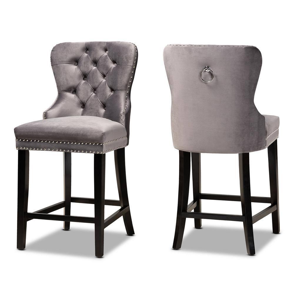 2pc Howell Modern Velvet Upholstered Wood Counter Height Barstool Set Gray/Brown - Baxton Studio: Polyester, Fixed Height