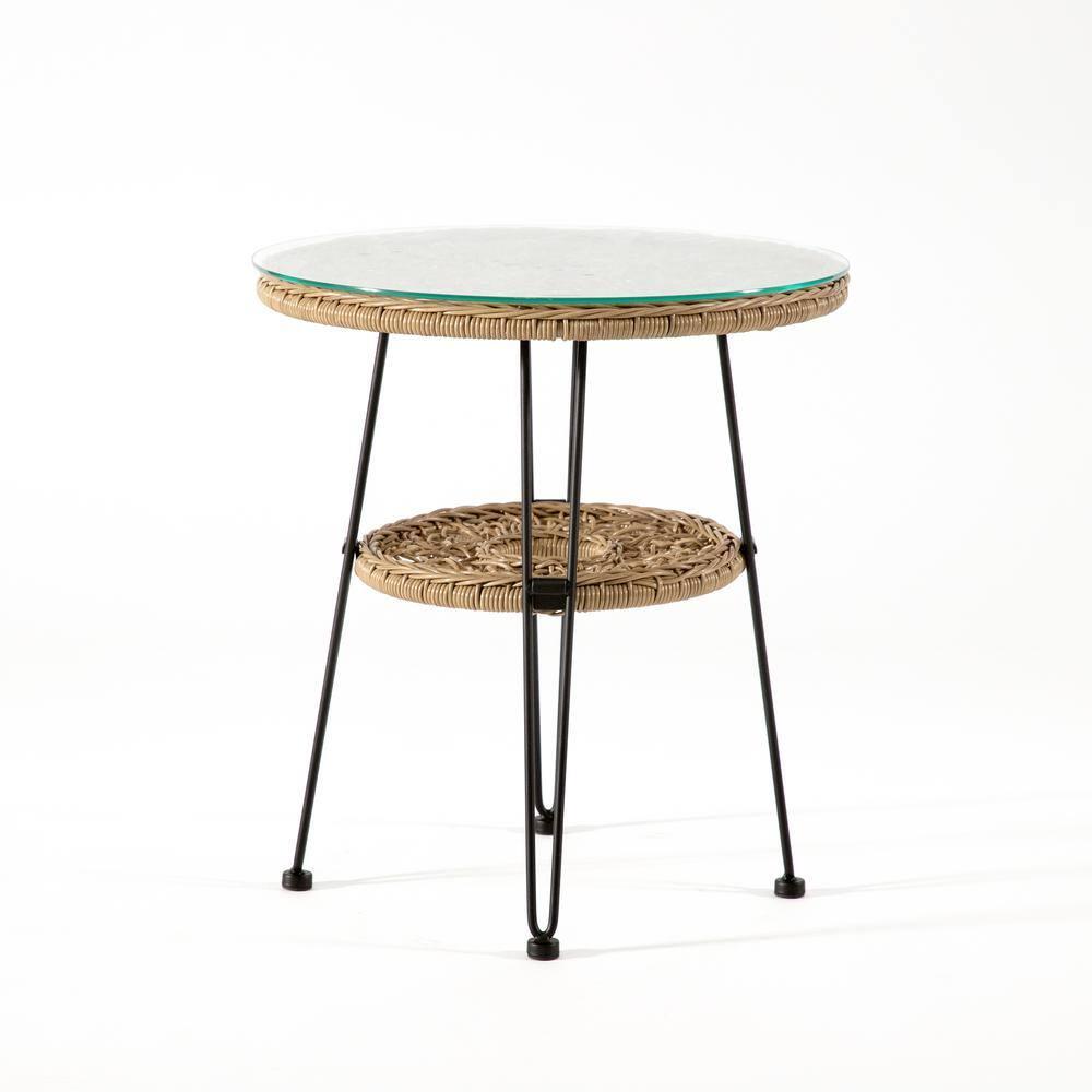 Furniture of America Noma Round 1-Shelf Metal and Rattan Natural Coffee Table with Glass Top