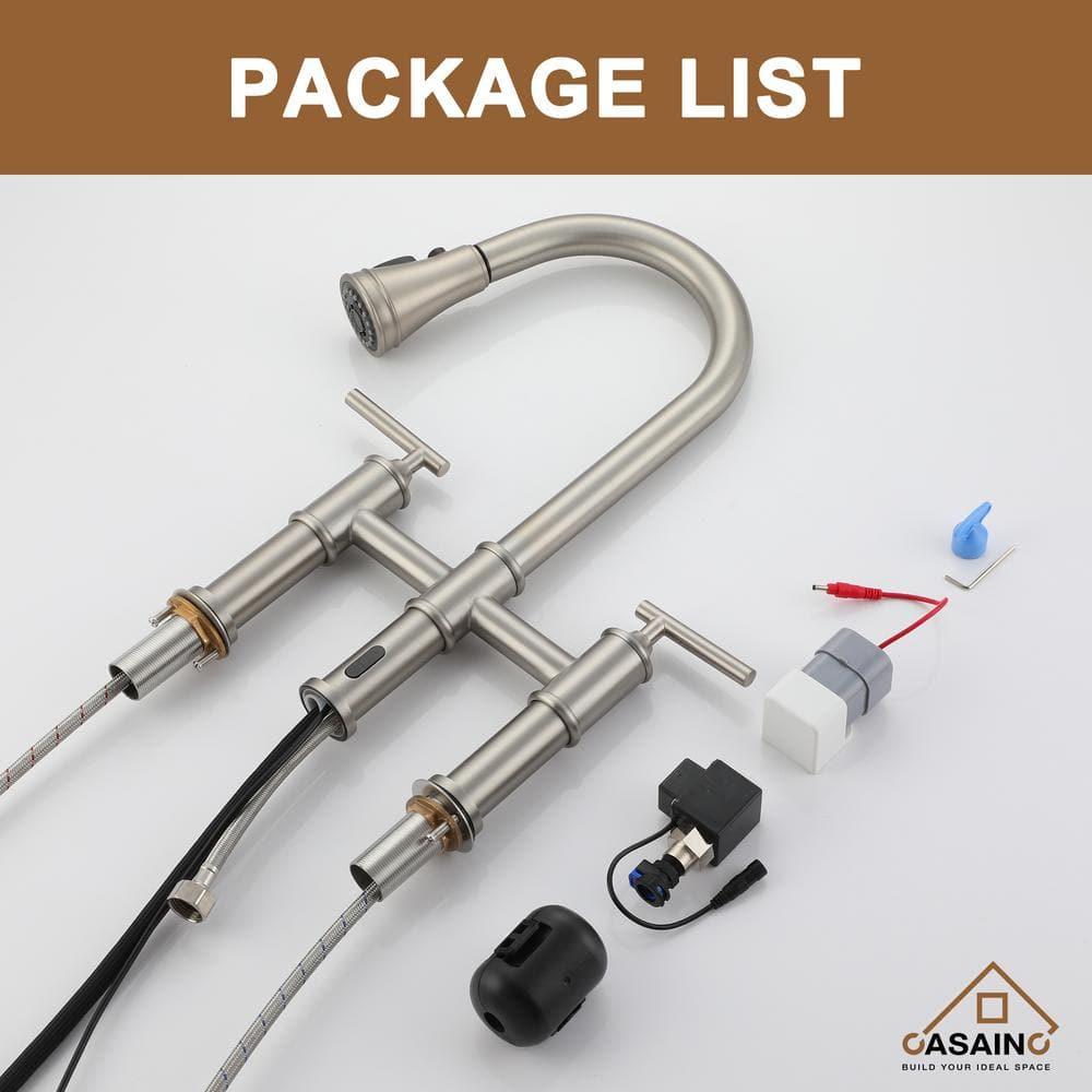 Double Handle Pull-Out Sprayer Bridge Kitchen Faucet with Infrared Sensor in Brushed Nickel