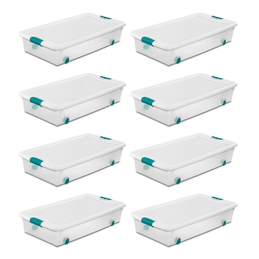Sterilite 56 Qt Wheeled Latching Storage Box Stackable Bin with Latch Lid, Plastic Container to Organize Shoes Under Bed, Clear with White Lid, 8-Pack