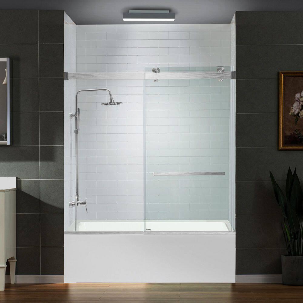 WoodBridge Frameless Single Sliding Shower Doors, 56-60" W X 62" H With 5/16" Clear Tempered Glass And Explosion-Proof Film MSDF6062-B