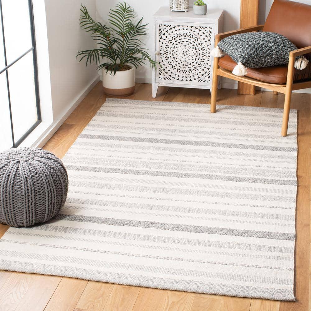 Striped Kilim STK501 Hand Woven Area Rug - Ivory/Grey - 5'x8' - Safavieh.