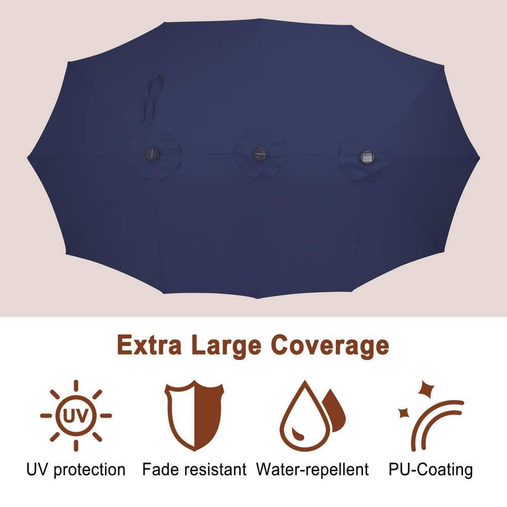 15ft Double-Sided Solar Patio Umbrella with Base (Included) Large Outdoor Umbrella with Solar Lights