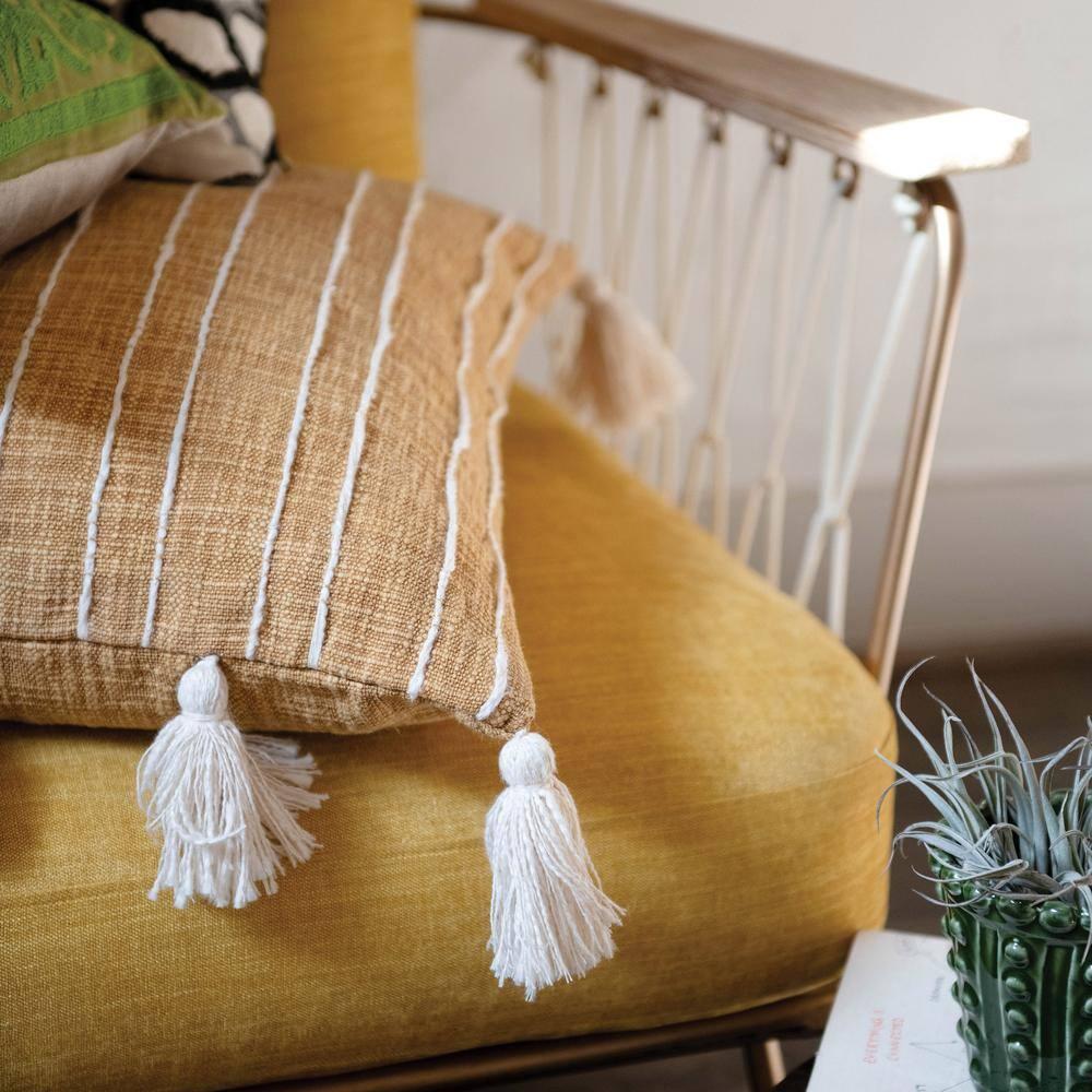 Creative Co-Op Creative Co-Op Woven Cotton Pillow with Appliqued Stripes and Tassels, Mustard and White
