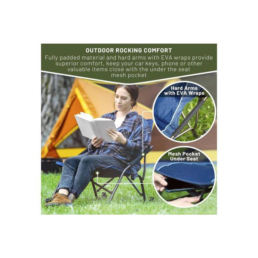 Folding Rocking Camping Chair with Hard Armrests, Portable Outdoor Rocker for Patio, Garden, Lawn, Supports up to 250 lbs, Blue