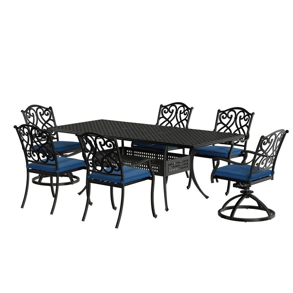 Black Cast Aluminum 6-Person Outdoor Dining Set with Blue Cushions