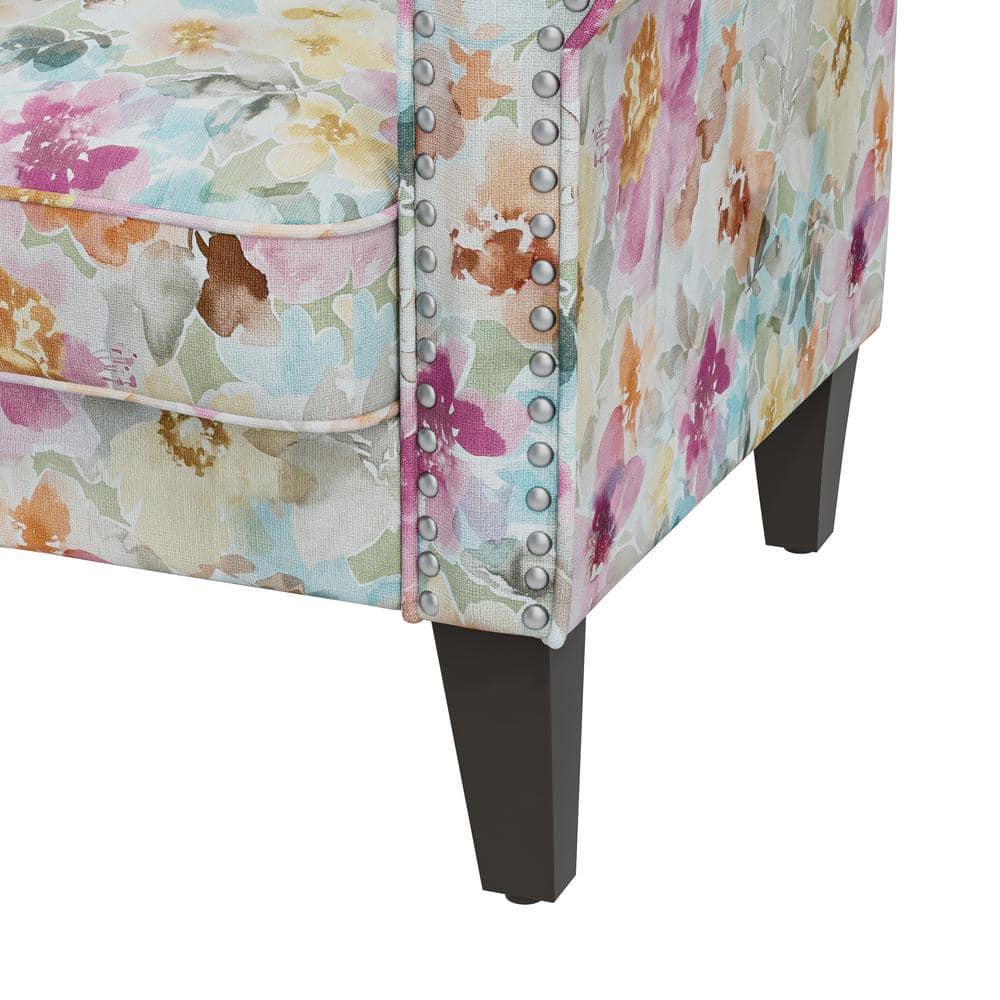 Handy Living Janet Traditional Rolled Arm Accent Chair with Pewter Nailheads Floral Pattern Pink