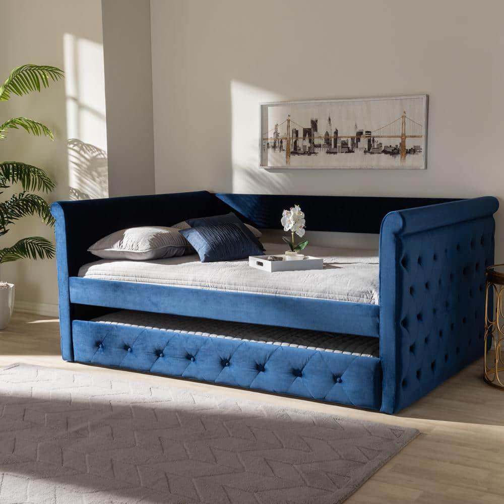 Baxton Studio Amaya Modern and Contemporary Navy Blue Velvet Fabric Upholstered Queen Size Daybed with Trundle