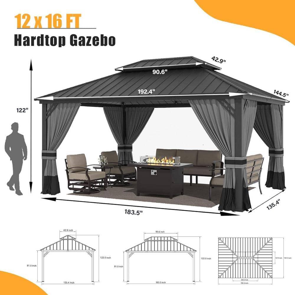 Kozyard Kozyard Alexander Gray Double Roof Hardtop Gazebo with Privacy Curtain Mosquito Netting