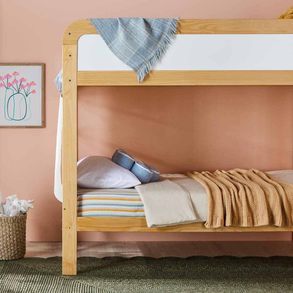 Walker Edison Contemporary Twin over Twin Wooden Bunk Bed with Ladder, Natural Pine
