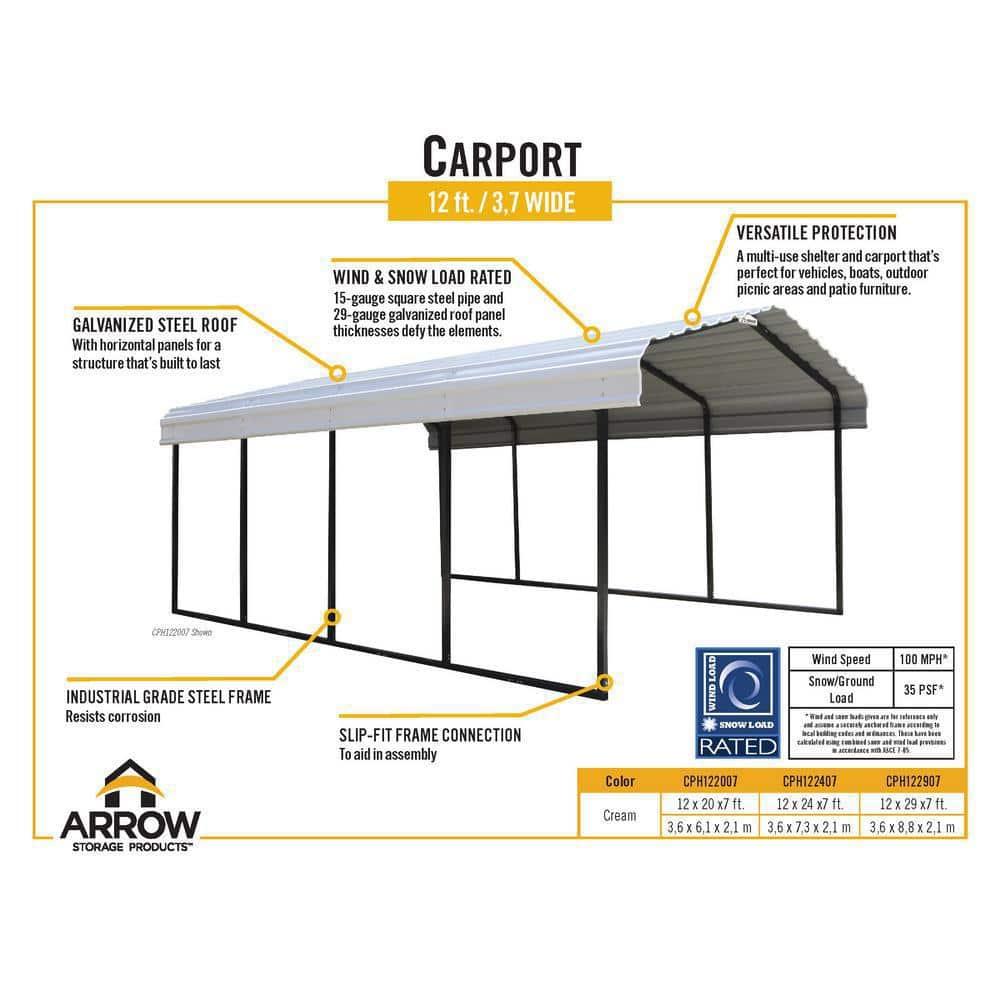 Arrow Steel Carport, 12 ft. x 20 ft. x 7 ft. Galvanized Black/Charcoal