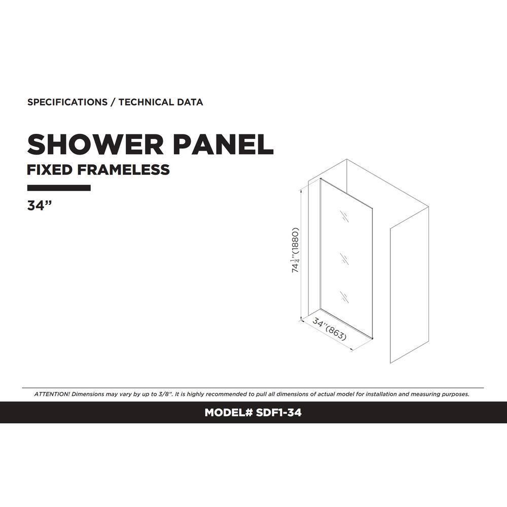 34'' W x 74.25'' H Semi-Frameless Fixed Glass Panel