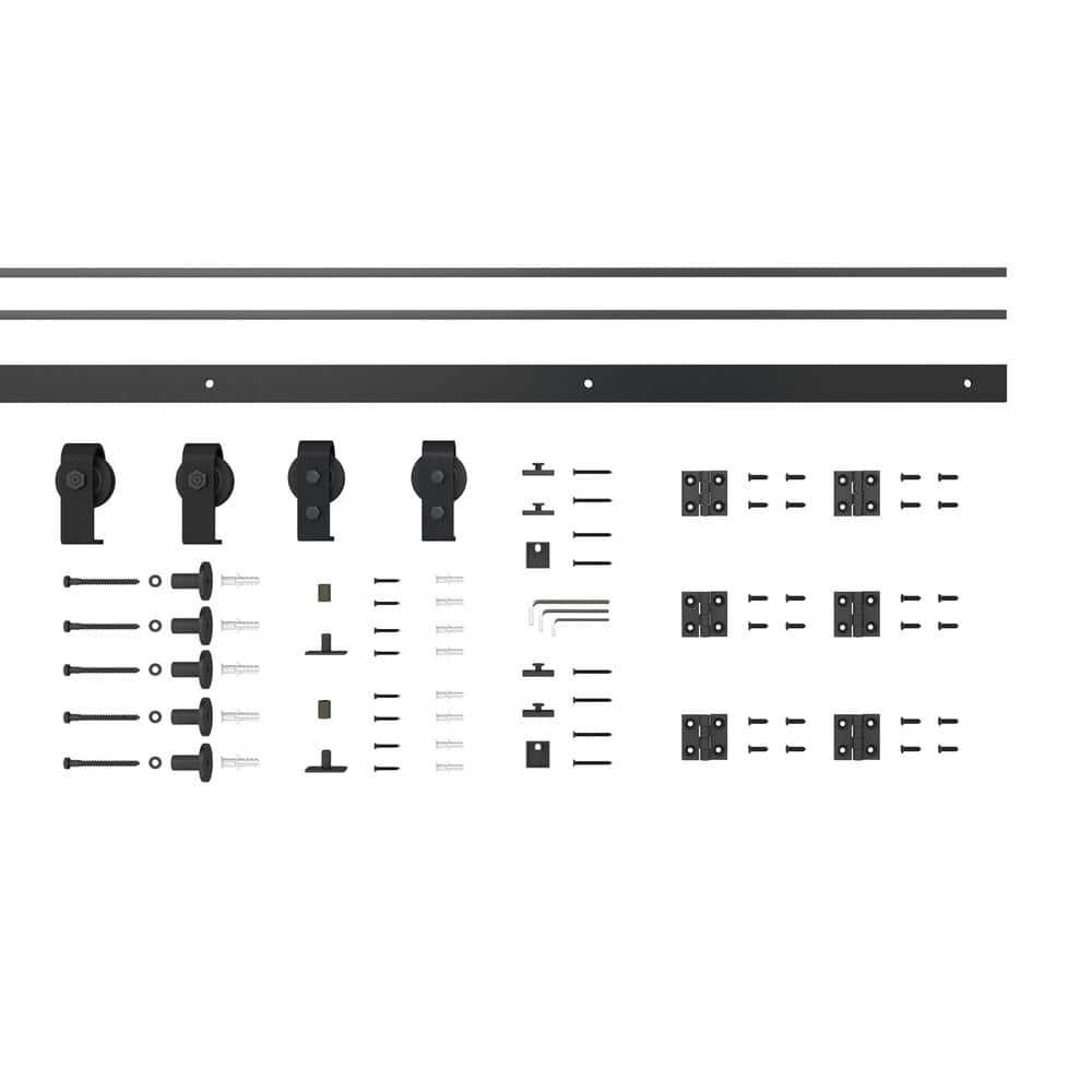 72 in. x 80 in. Hollow Core 6 Panel Primed MDF Composite Double Bi-Fold Barn Doors with Sliding Hardware Kit