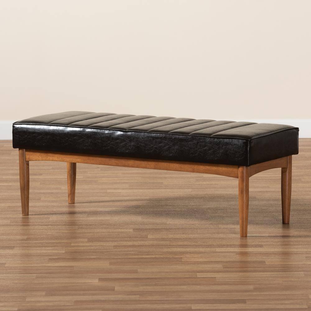 Daymond Wood Dining Ottoman Dark Brown/Walnut Brown - Baxton Studio: Mid-Century Tufted, Faux Leather